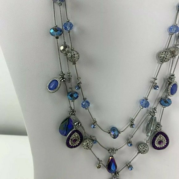 Silver Tone Necklace Faceted Bead Multi Strand - Picture 4 of 6